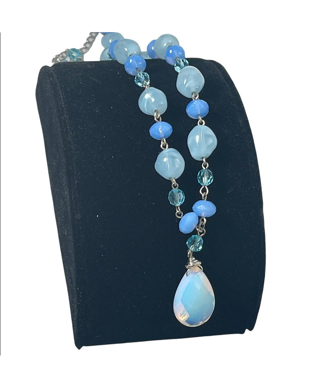 Opalescent faceted moonstone crystal with blue glass italian bead link necklace