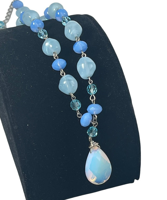 Opalescent faceted moonstone crystal with blue glass italian bead link necklace