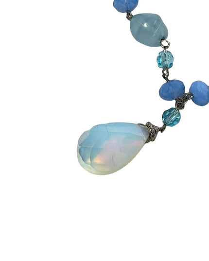 Opalescent faceted moonstone crystal with blue glass italian bead link necklace