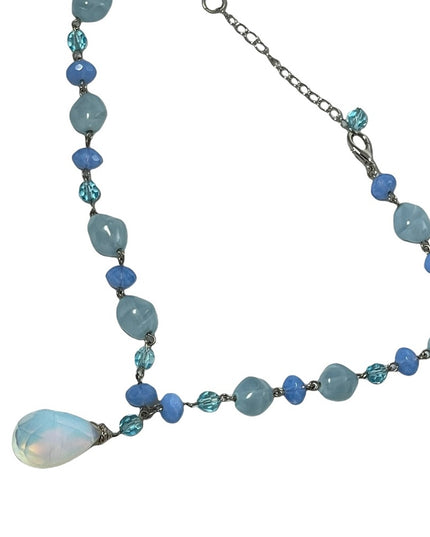 Opalescent faceted moonstone crystal with blue glass italian bead link necklace
