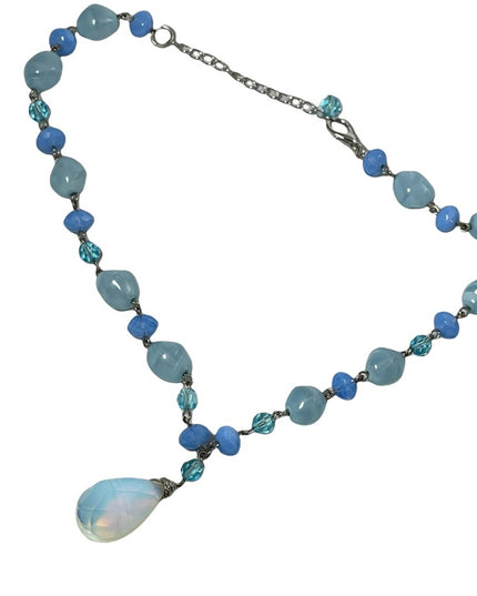 Opalescent faceted moonstone crystal with blue glass italian bead link necklace