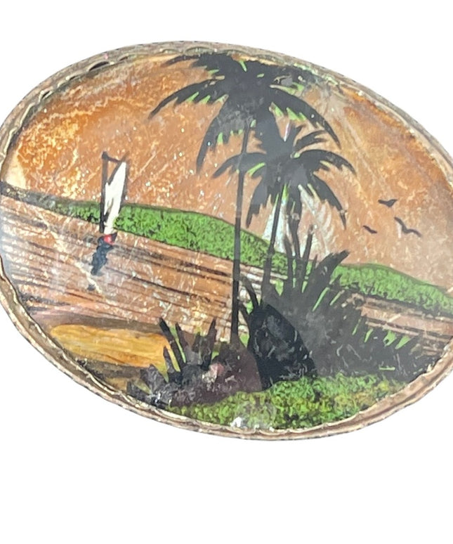 Vintage 900 Silver Zitrin Brazil BUTTERFLY WING coastal scene Brooch