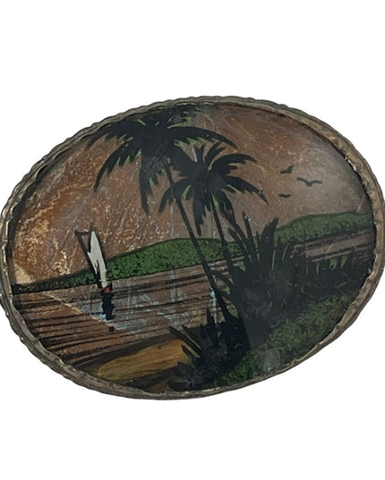 Vintage 900 Silver Zitrin Brazil BUTTERFLY WING coastal scene Brooch