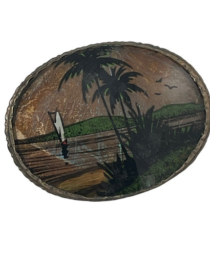 Vintage 900 Silver Zitrin Brazil BUTTERFLY WING coastal scene Brooch