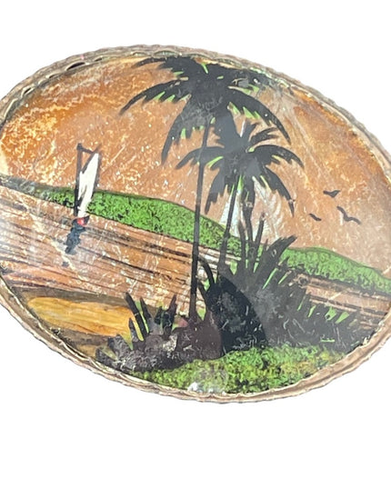 Vintage 900 Silver Zitrin Brazil BUTTERFLY WING coastal scene Brooch