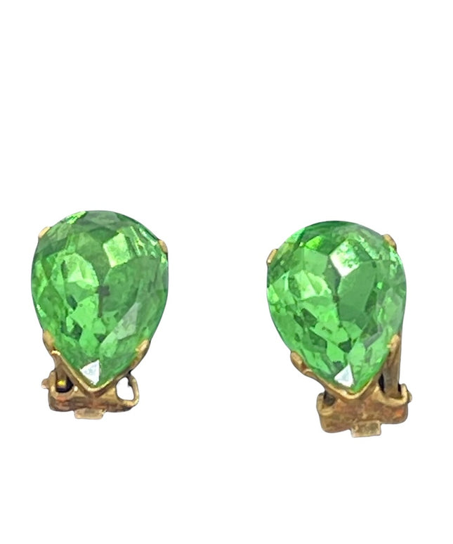 Vintage green crystal tear drop clip on earrings