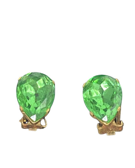 Vintage green crystal tear drop clip on earrings