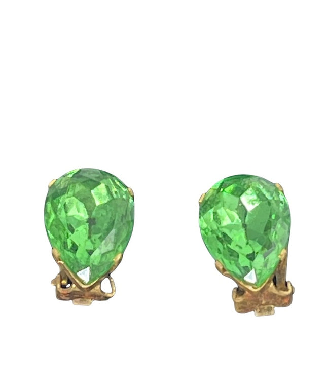 Vintage green crystal tear drop clip on earrings