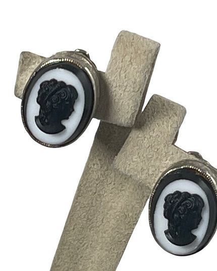 Vintage clip on cameo silouette earrings Black & white resin with silver finish