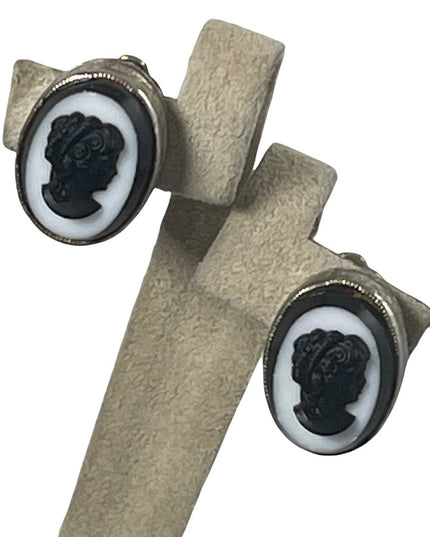 Vintage clip on cameo silouette earrings Black & white resin with silver finish