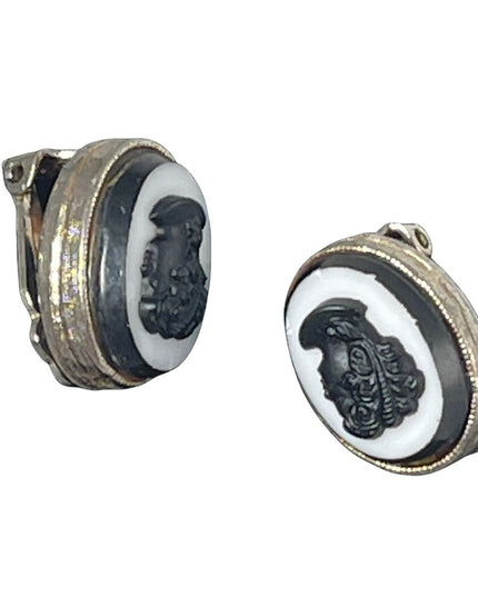 Vintage clip on cameo silouette earrings Black & white resin with silver finish
