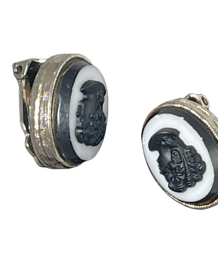 Vintage clip on cameo silouette earrings Black & white resin with silver finish