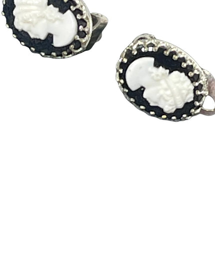 Vintage Cameo clip on earrings silver finish black & white silouette resin