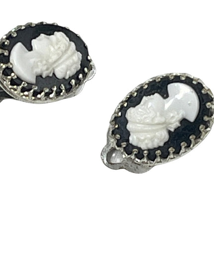 Vintage Cameo clip on earrings silver finish black & white silouette resin