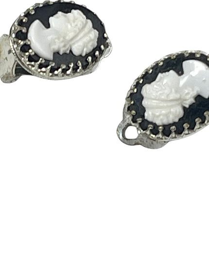 Vintage Cameo clip on earrings silver finish black & white silouette resin