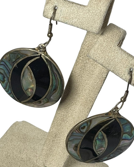 Vintage Alpaca Mexico Round dangle earrings with Abalone & black onyx finish