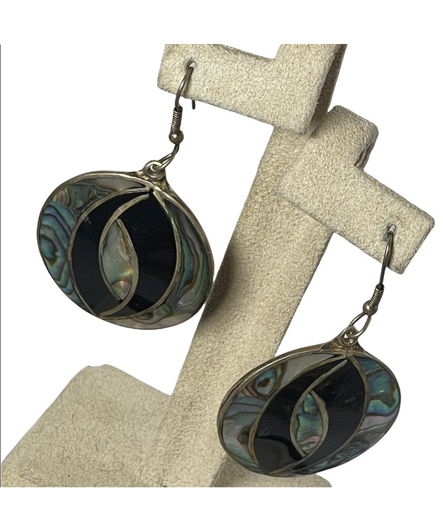 Vintage Alpaca Mexico Round dangle earrings with Abalone & black onyx finish