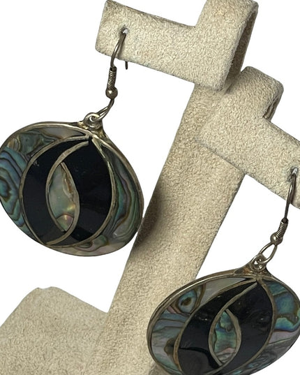 Vintage Alpaca Mexico Round dangle earrings with Abalone & black onyx finish