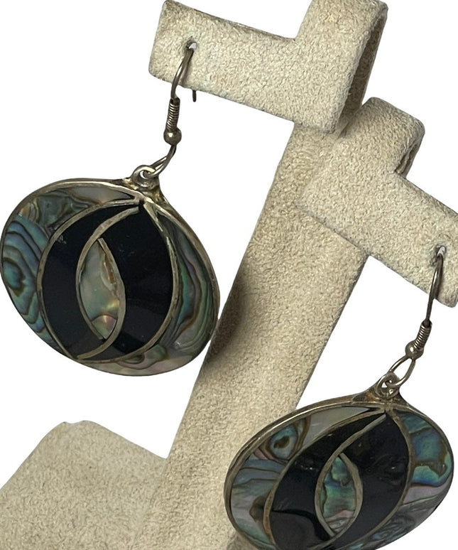 Vintage Alpaca Mexico Round dangle earrings with Abalone & black onyx finish