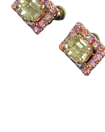 Vintage 1960s Pink & Yellow AB Crystal Square Earrings with gold finish