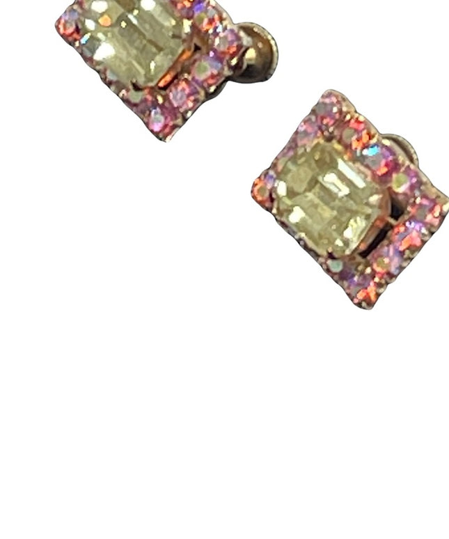 Vintage 1960s Pink & Yellow AB Crystal Square Earrings with gold finish