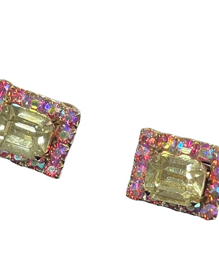Vintage 1960s Pink & Yellow AB Crystal Square Earrings with gold finish