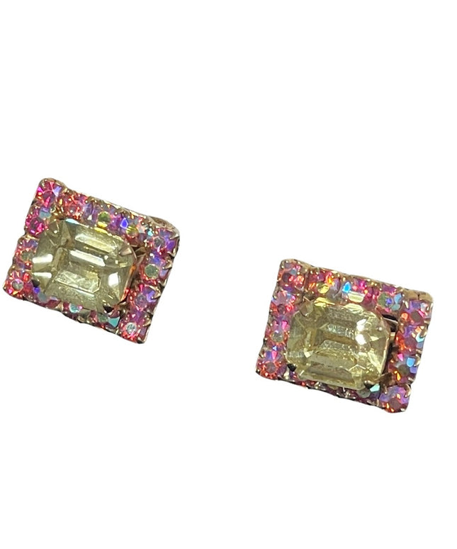 Vintage 1960s Pink & Yellow AB Crystal Square Earrings with gold finish