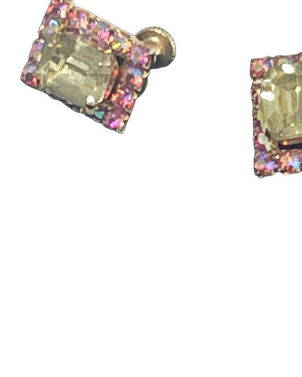 Vintage 1960s Pink & Yellow AB Crystal Square Earrings with gold finish