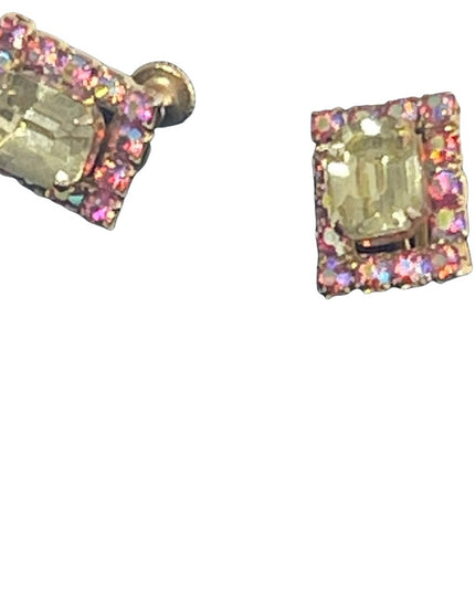 Vintage 1960s Pink & Yellow AB Crystal Square Earrings with gold finish