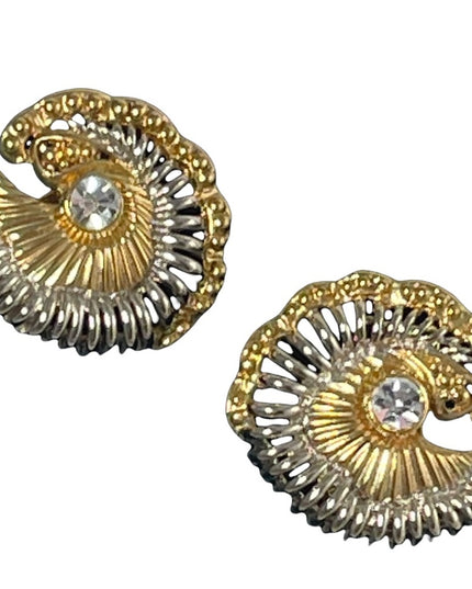 Vintage 1980 Chunky gold silver swirl with crystal button style clip on earrings