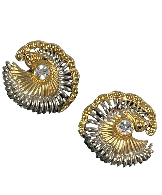 Vintage 1980 Chunky gold silver swirl with crystal button style clip on earrings
