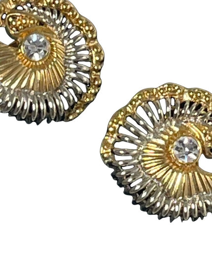 Vintage 1980 Chunky gold silver swirl with crystal button style clip on earrings