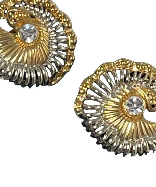 Vintage 1980 Chunky gold silver swirl with crystal button style clip on earrings