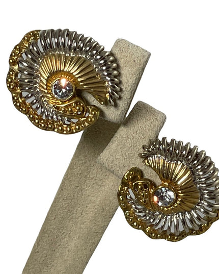 Vintage 1980 Chunky gold silver swirl with crystal button style clip on earrings