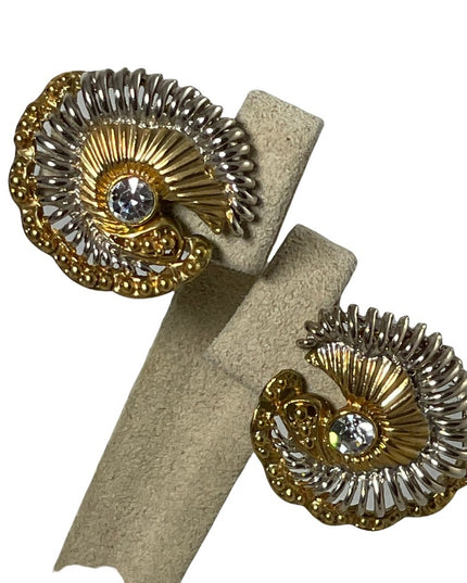 Vintage 1980 Chunky gold silver swirl with crystal button style clip on earrings
