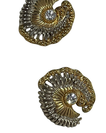 Vintage 1980 Chunky gold silver swirl with crystal button style clip on earrings