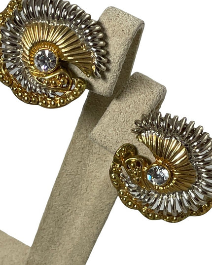 Vintage 1980 Chunky gold silver swirl with crystal button style clip on earrings