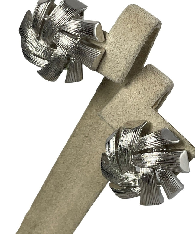 Vintage 1980s TRIFARI brushed silver finish branch design clip on earrings