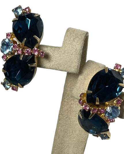 Vintage 1960s Fancy blue & pink crystal clip on earrings gold finish party
