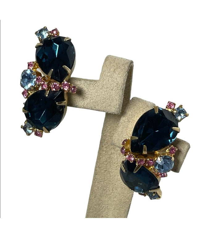 Vintage 1960s Fancy blue & pink crystal clip on earrings gold finish party