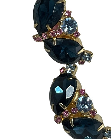 Vintage 1960s Fancy blue & pink crystal clip on earrings gold finish party