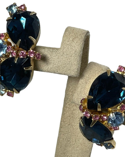 Vintage 1960s Fancy blue & pink crystal clip on earrings gold finish party