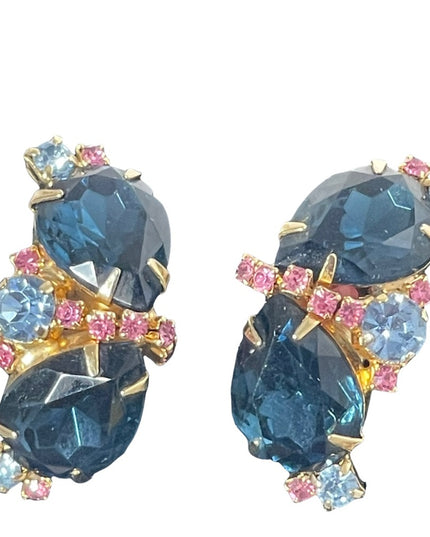 Vintage 1960s Fancy blue & pink crystal clip on earrings gold finish party