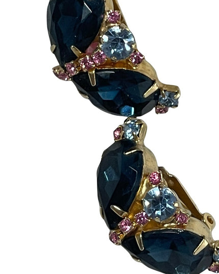 Vintage 1960s Fancy blue & pink crystal clip on earrings gold finish party