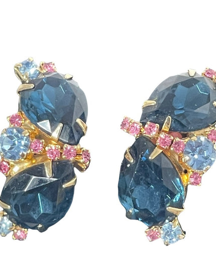 Vintage 1960s Fancy blue & pink crystal clip on earrings gold finish party