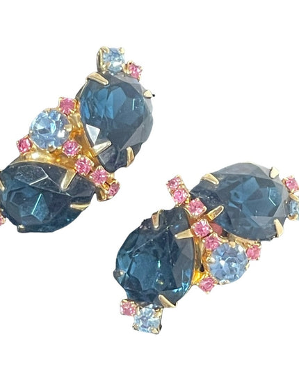 Vintage 1960s Fancy blue & pink crystal clip on earrings gold finish party