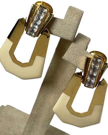 VTG 1980s Fancy Cream enamel & gold finish with crystal accents dangle earrings