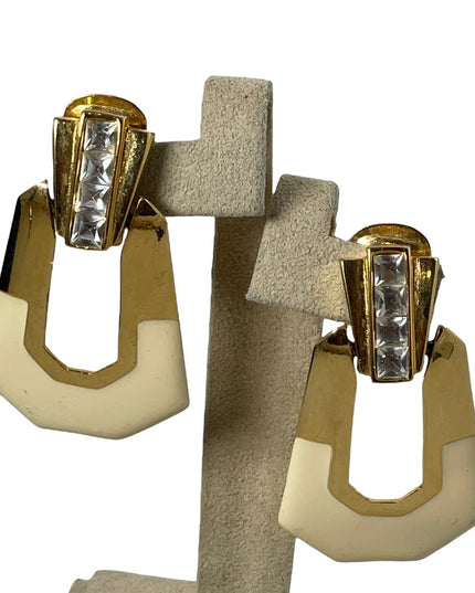VTG 1980s Fancy Cream enamel & gold finish with crystal accents dangle earrings