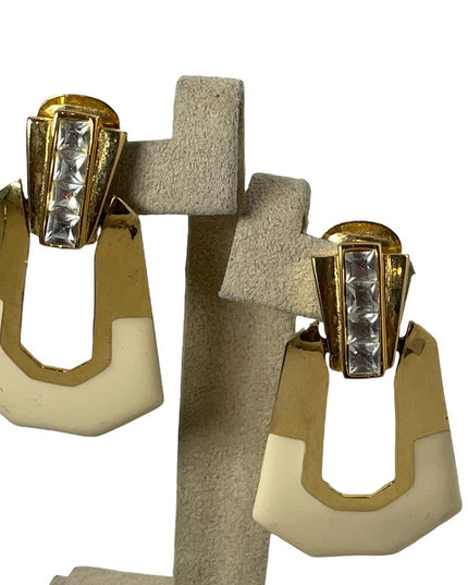 VTG 1980s Fancy Cream enamel & gold finish with crystal accents dangle earrings