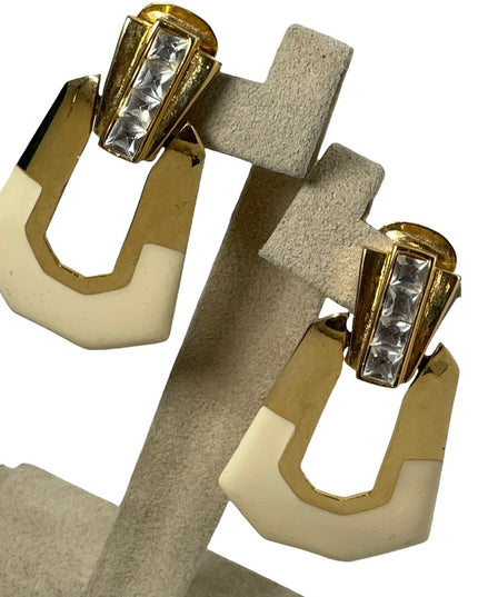 VTG 1980s Fancy Cream enamel & gold finish with crystal accents dangle earrings